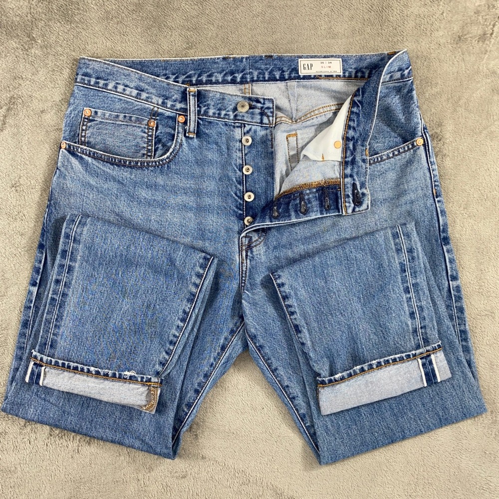 Gap Jeans Mens 36x34 Blue Slim Selvedge Medium Wash Button Fly Workwear Grunge